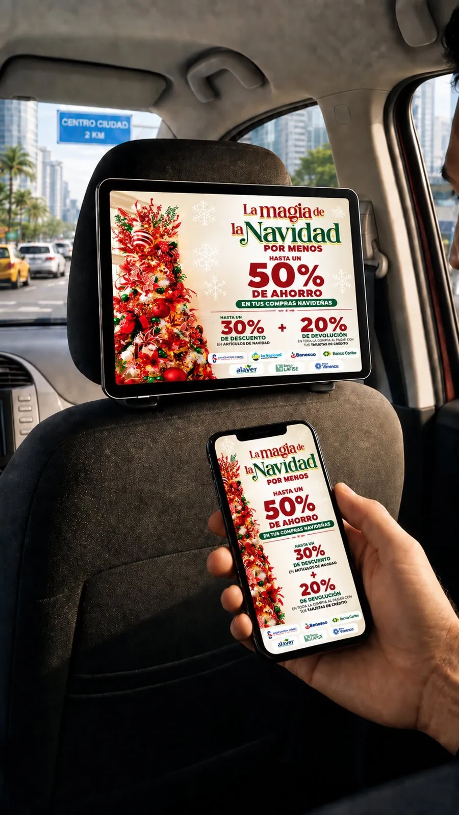Pantalla interior de Ride Media con la pieza La magia de la Navidad por menos de La Sirena, y un celular con la misma pieza