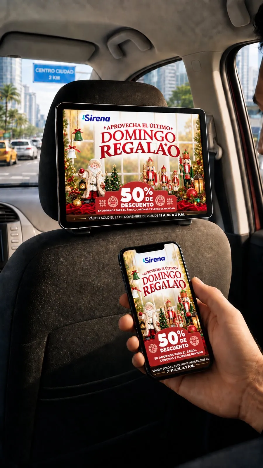 Pantalla interior de Ride Media con la pieza Aprovecha el último Domingo Regalao de La Sirena, y un celular con la misma pieza